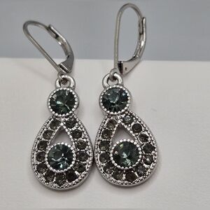 Monet Dark Green Crystal Teardrop Drop Earrings Silver Tone